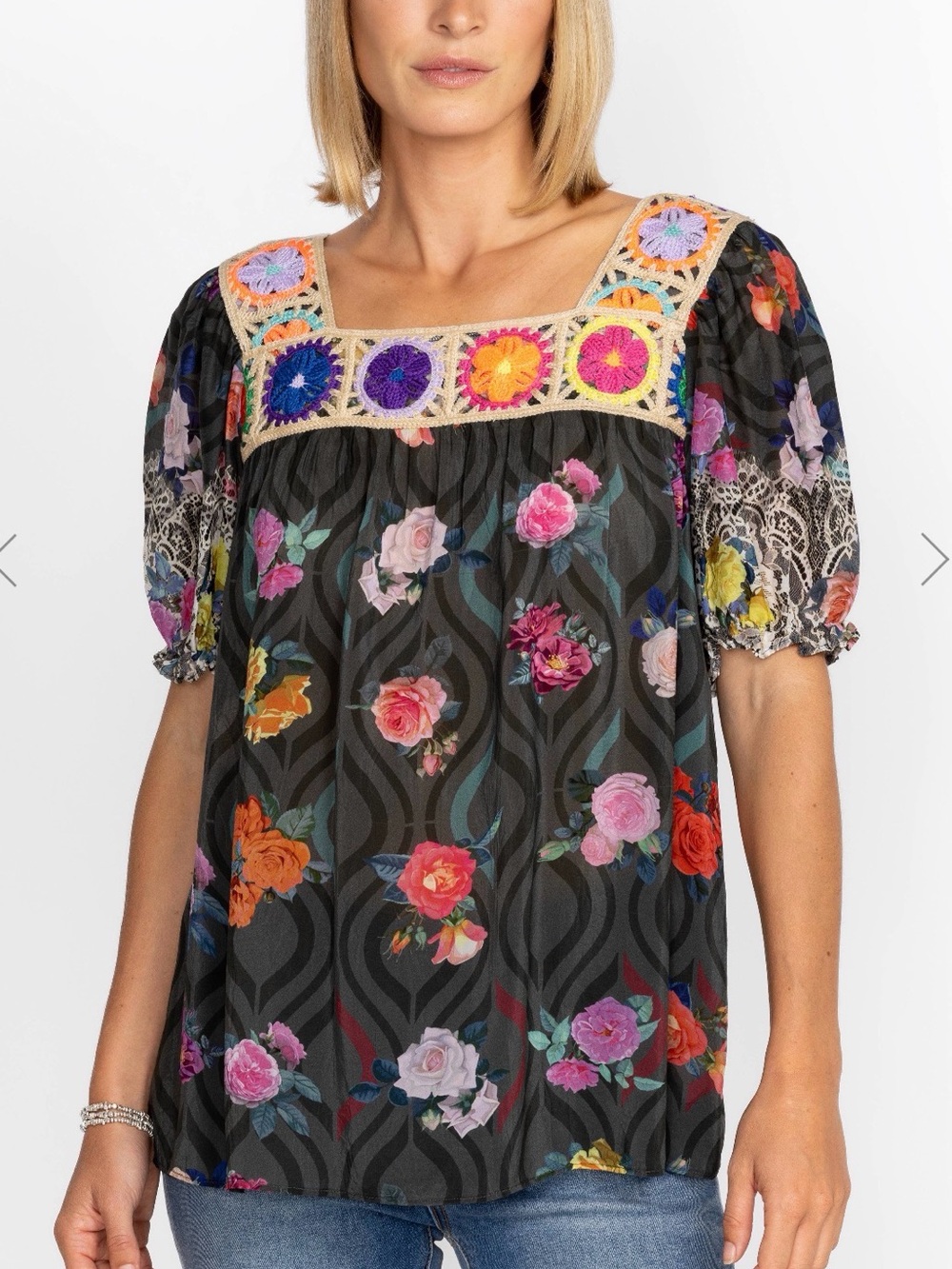 Johnny Was Black Floral Blouse with Crochet Trim (453156) 🌼 🦋